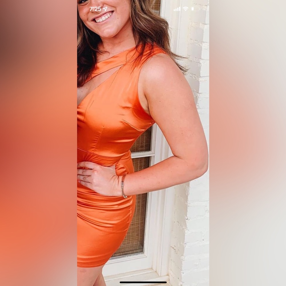 Orange silk mini dress. Double strap one shoulder.